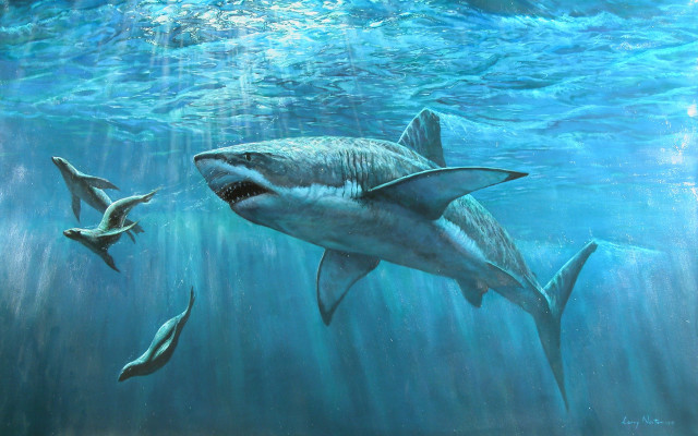 Shark swimming ocean painting two free wallpaper for desktop - medium preview image