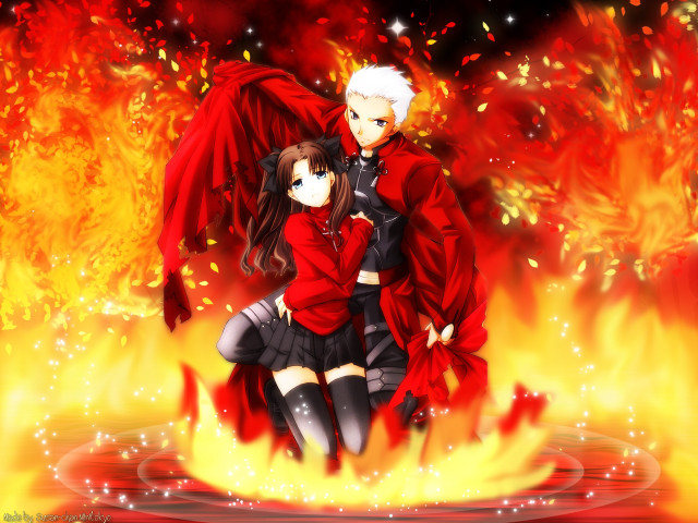 Anime couple fire pit flames free wallpaper for desktop - medium preview image