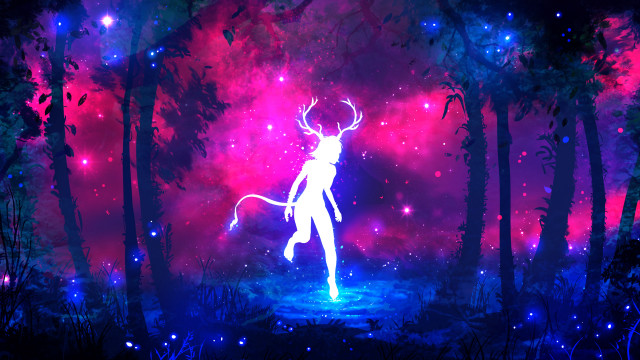 Deer forest stars trees painting free wallpaper for desktop - medium preview image