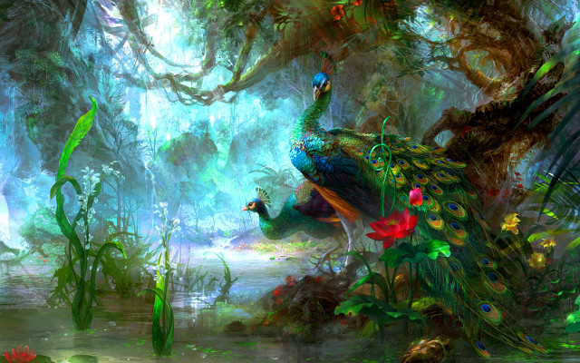Peacock forest flowers plants painting free wallpaper for desktop - medium preview image