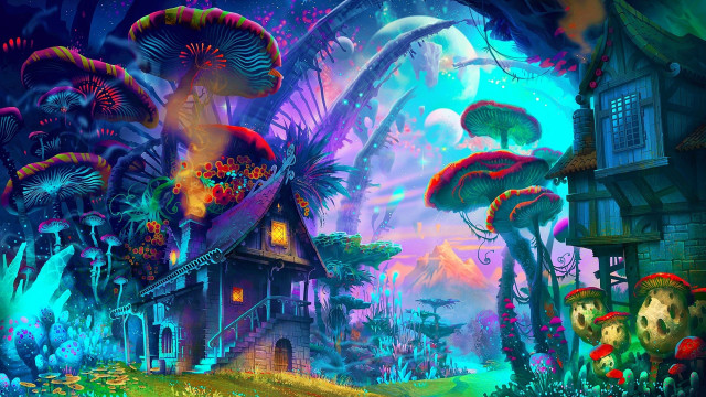 Fantasy forest mushrooms house full free wallpaper for desktop - medium preview image