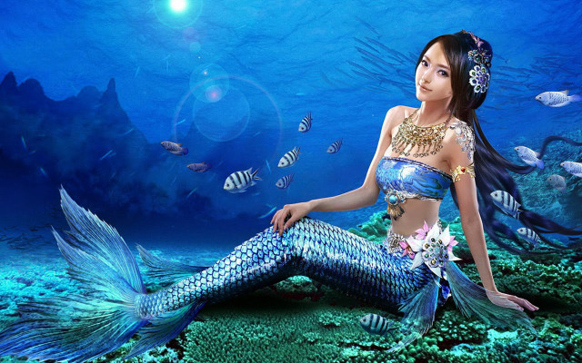 Beautiful mermaid ocean floor fish free wallpaper for desktop - medium preview image