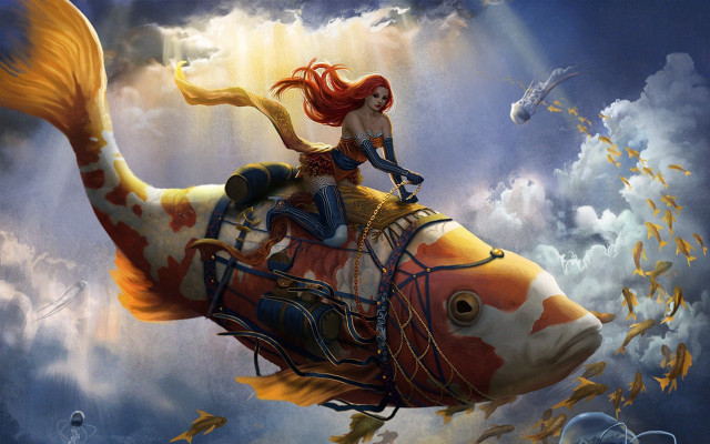 Woman riding fish sky surrounded free wallpaper for desktop - medium preview image