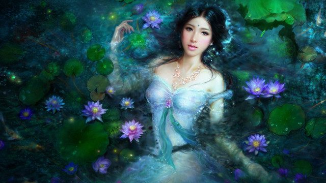 Woman white dress water lilies free wallpaper for desktop - medium preview image