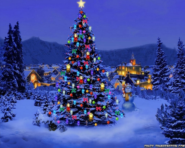 Christmas tree lights snow town free wallpaper for desktop - medium preview image