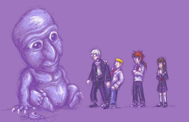 Group people giant purple creature free wallpaper for desktop - medium preview image