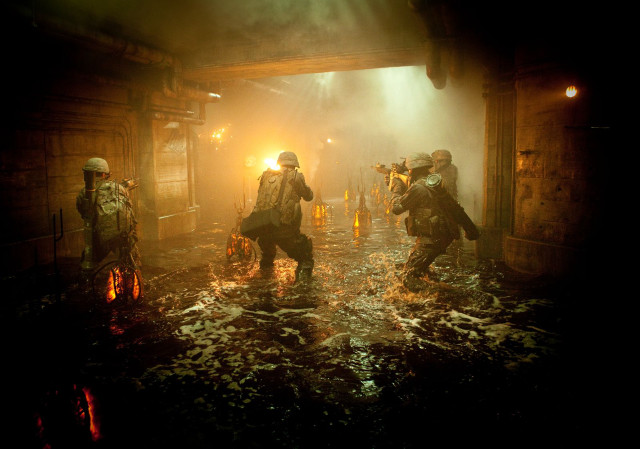 Flooded tunnel group walking lights free wallpaper for desktop - medium preview image