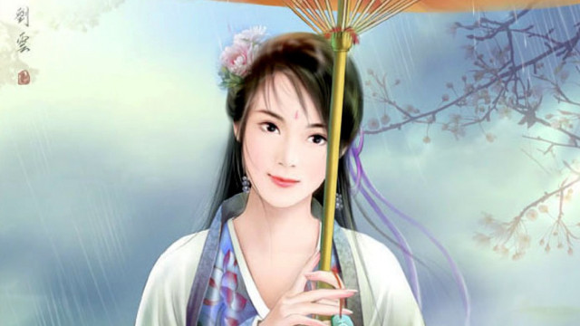 Woman umbrella rain sky tree free wallpaper for desktop - medium preview image