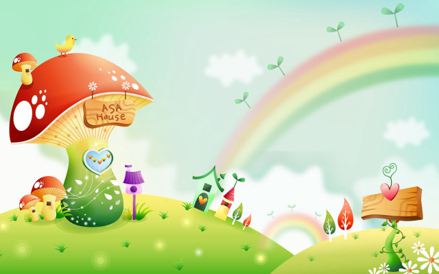 Mushroom house rainbow background sky free wallpaper for desktop - medium preview image