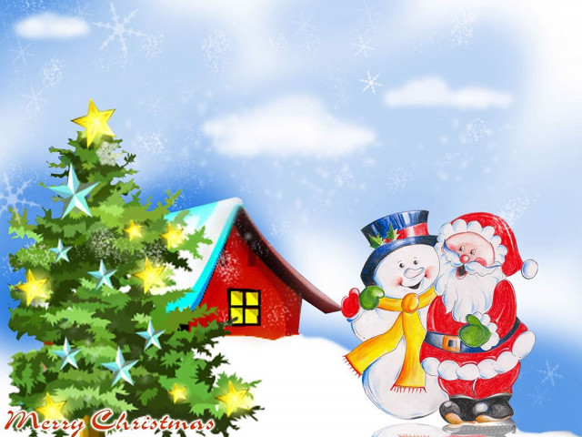 Santa snowman christmas tree house free wallpaper for desktop - medium preview image
