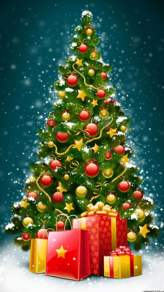 Christmas tree presents snowing ground free wallpaper for mobile - medium preview image
