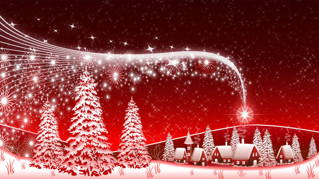 Red christmas card snowy landscape free wallpaper for desktop - medium preview image