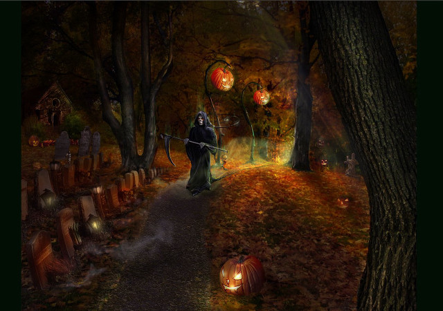 Wizard staff cemetery night lanterns free wallpaper for desktop - medium preview image