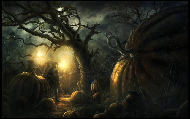 Forest people pumpkins tree light free wallpaper for desktop - medium preview image