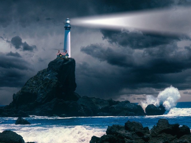 Lighthouse rock light beam ocean free wallpaper for desktop - medium preview image