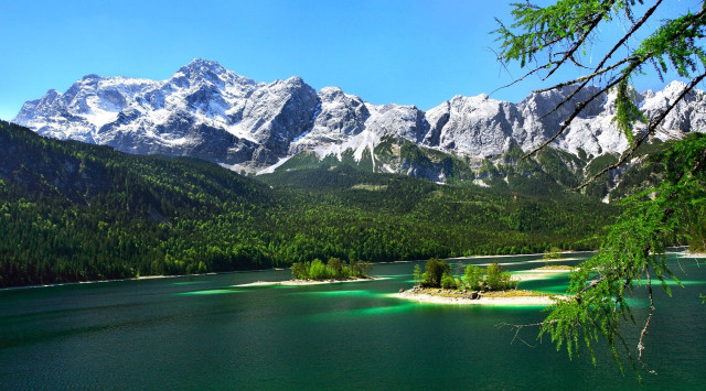 Lake mountains trees greenwater island free wallpaper for desktop - medium preview image
