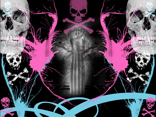 Skull crossbone blackwhite pinkblue gothic free wallpaper for desktop - medium preview image