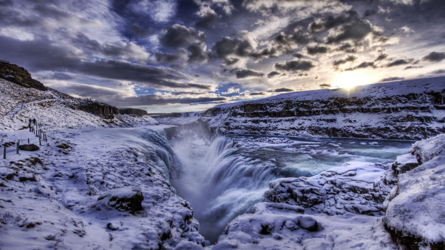 Waterfall snow rocks cloudy sky free wallpaper for desktop - medium preview image