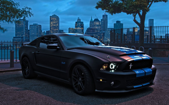 Black mustang car city skyline free wallpaper for desktop - medium preview image