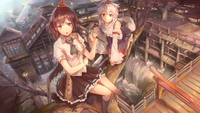 Anime girls wooden bridge town free wallpaper for desktop - medium preview image