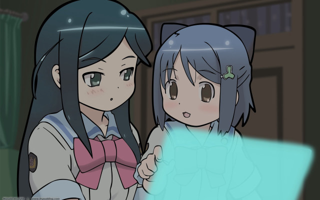 Anime girls holding paper picture free wallpaper for desktop - medium preview image