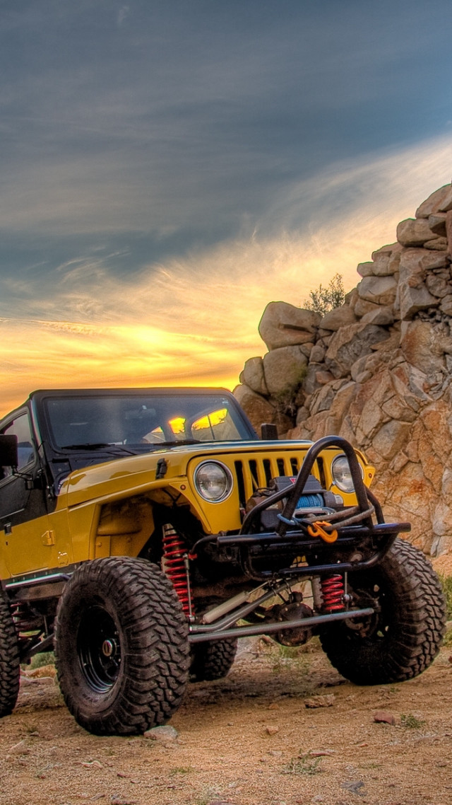 Yellow jeep rockwall sunset desert free wallpaper for mobile - medium preview image