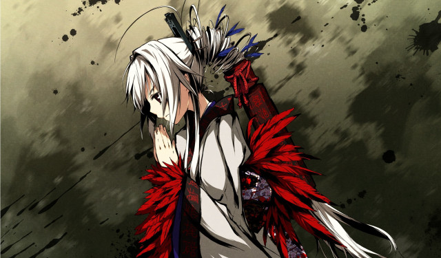 White hair red feathers sword free wallpaper for desktop - medium preview image