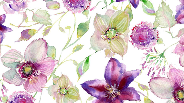 Watercolor purple flowers green leaves free wallpaper for desktop - medium preview image