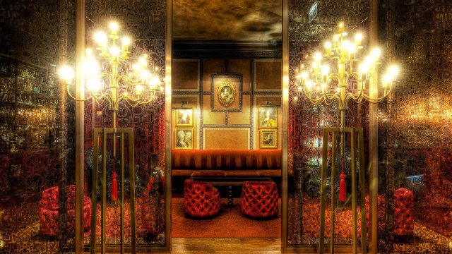 Mirror red couch chandelier clock free wallpaper for desktop - medium preview image