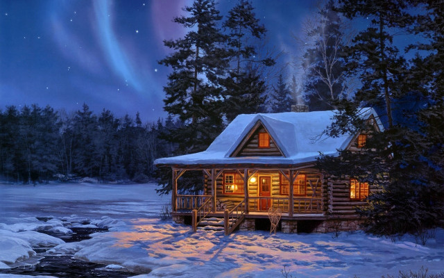 Cabin woods stream aurora lights #3 free wallpaper for desktop - medium preview image