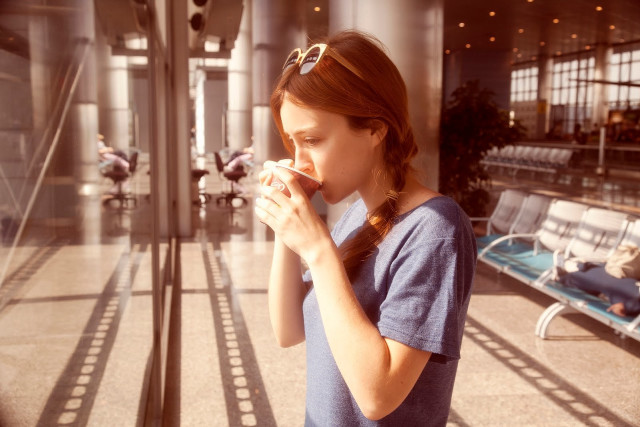 Woman drinking cup lobby pigeon free wallpaper for desktop - medium preview image