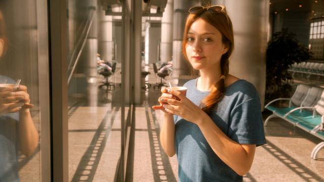 Woman glass door coffee cell free wallpaper for desktop - medium preview image