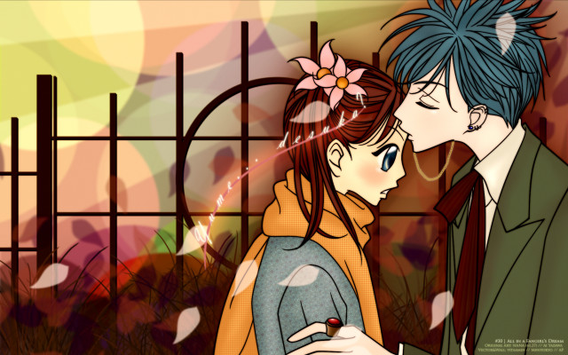 Man woman kissing gate flowers free wallpaper for desktop - medium preview image