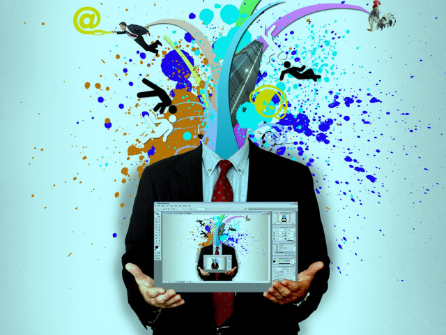 Man holding computer colorful splash free wallpaper for desktop - medium preview image