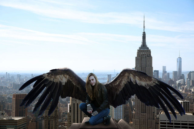 Woman wings sitting ledge city free wallpaper for desktop - medium preview image