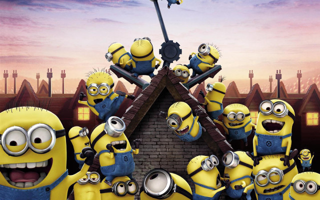 Minions group building hammer surrounding free wallpaper for desktop - medium preview image