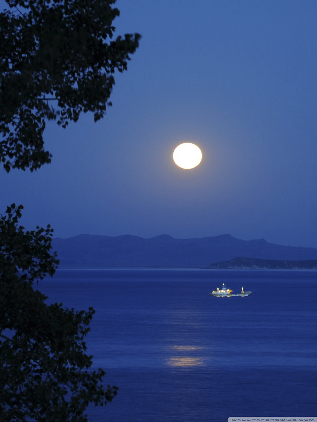 Boat full moon night water free wallpaper for mobile - medium preview image