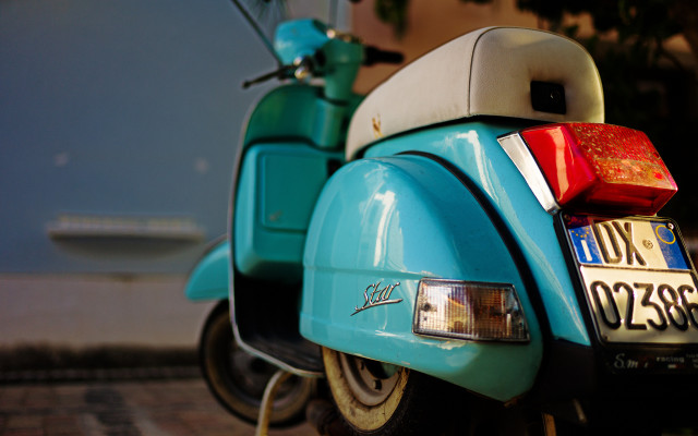 Blue scooter parked road license free wallpaper for desktop - medium preview image