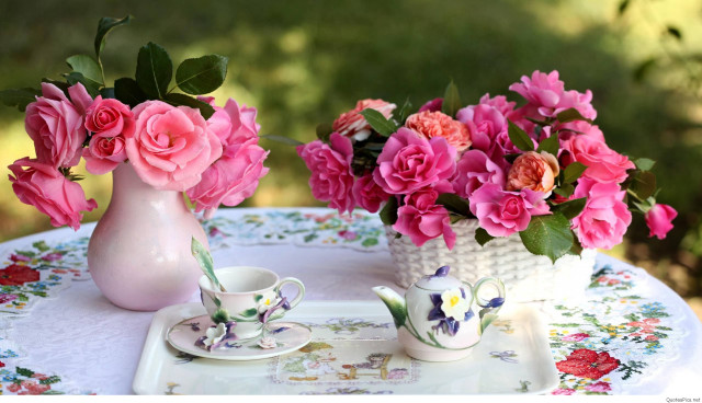 Table flowers plate cup saucer free wallpaper for desktop - medium preview image