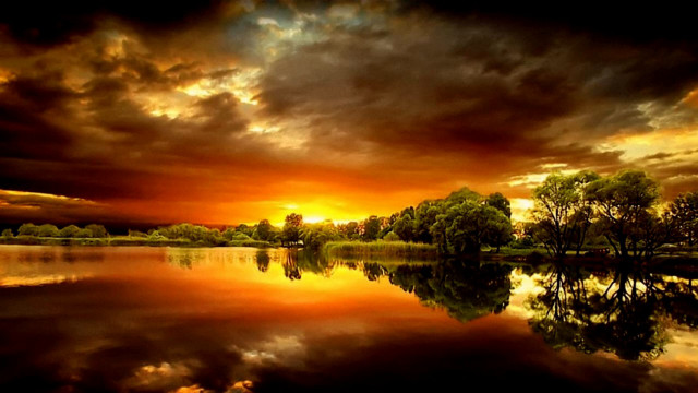 Sunset lake trees clouds dark free wallpaper for desktop - medium preview image