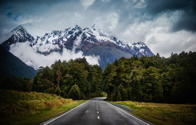 Mountain road forest grass clouds free wallpaper for desktop - medium preview image