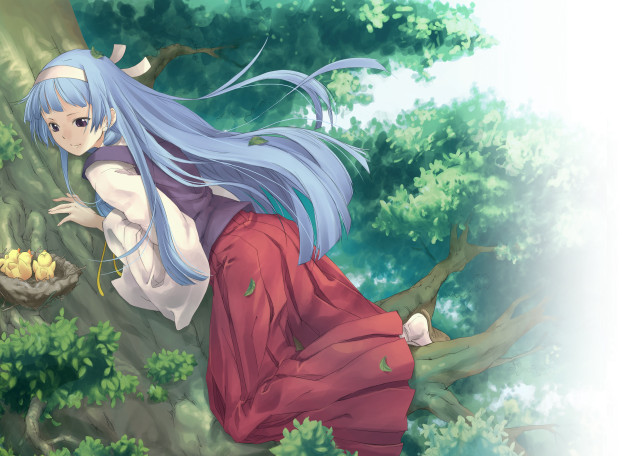 Woman blue hair tree branch free wallpaper for desktop - medium preview image