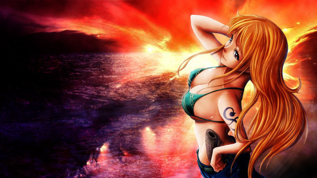 Woman bikini water fire clouds free wallpaper for desktop - medium preview image