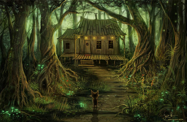 Cabin woods dog walking path free wallpaper for desktop - medium preview image
