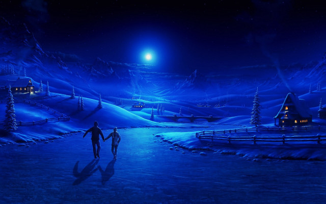 Couple walking snowy road night #2 free wallpaper for desktop - medium preview image