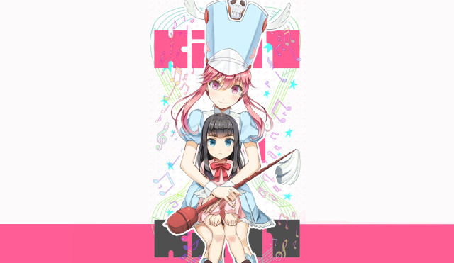 Anime couple sitting pink background free wallpaper for desktop - medium preview image