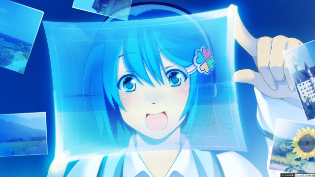 Girl blue hair holding picture free wallpaper for desktop - medium preview image