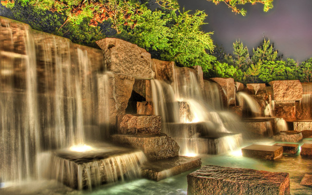Waterfall bench tree sky architecture free wallpaper for desktop - medium preview image