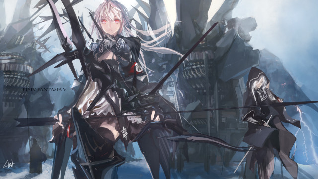 Black outfit women swords ruins free wallpaper for desktop - medium preview image