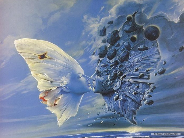 Woman kissing dove sky background free wallpaper for desktop - medium preview image